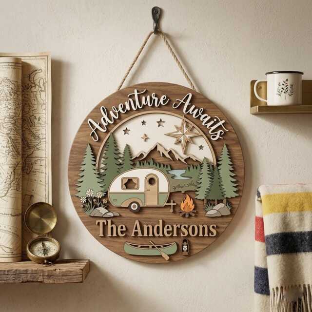 Personalized Camping Family Name Sign, Custom Camper Wooden Adventure Awaits Wall Decor, Cabin Plaque, Gift - image 1