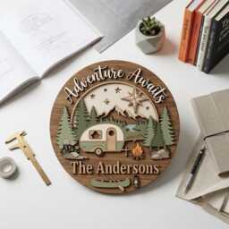 Personalized Camping Family Name Sign, Custom Camper Wooden Adventure Awaits Wall Decor, Cabin Plaque, Gift - thumbnail 2