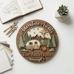 Personalized Camping Family Name Sign, Custom Camper Wooden Adventure Awaits Wall Decor, Cabin Plaque, Gift - thumbnail 3