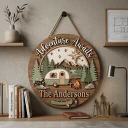 Personalized Camping Family Name Sign, Custom Camper Wooden Adventure Awaits Wall Decor, Cabin Plaque, Gift - thumbnail 4