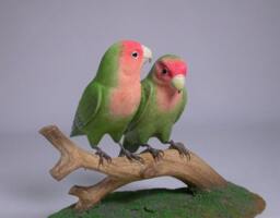 Pair Of Peach-Faced Lovebird No.1 Hand Carved Wooden Bird