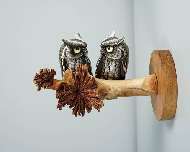 Owl Couple On A Tree Branch Wall Decor, Art, Painted Figurine, Colorful, Romantic, Wooden Ornament, Wedding Gift - image 1