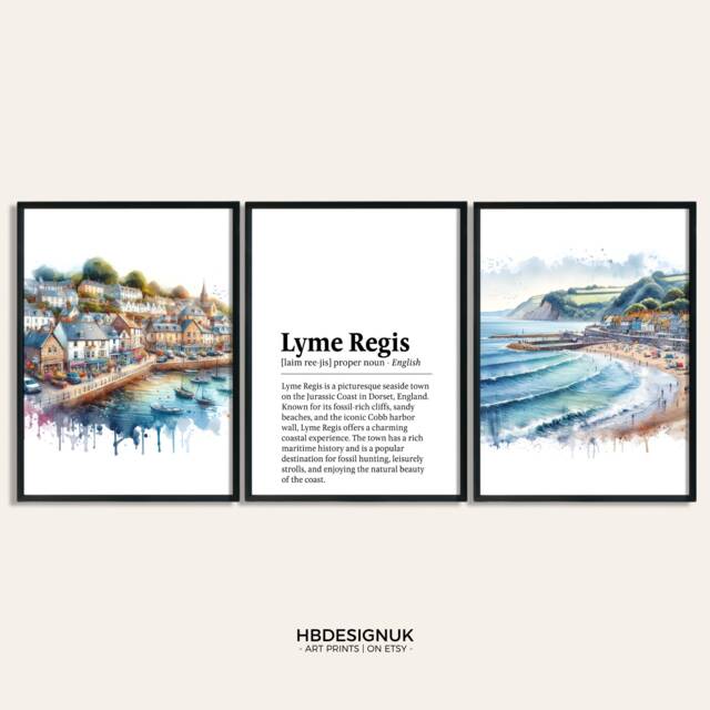Lyme Regis Poster Print Set - Of 3 Posters - Dorset Watercolour Wall Hanging Artwork Art Travel Decor - image 1