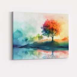 Colourful Watercolour Rainbow Tree Reflection Abstract Landscape Canvas Wall Art Print Decor Picture Ready To Hang - thumbnail 4