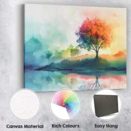 Colourful Watercolour Rainbow Tree Reflection Abstract Landscape Canvas Wall Art Print Decor Picture Ready To Hang - thumbnail 2