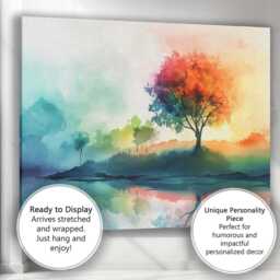 Colourful Watercolour Rainbow Tree Reflection Abstract Landscape Canvas Wall Art Print Decor Picture Ready To Hang - thumbnail 3