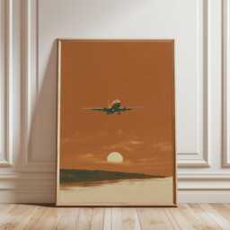 Orange Brown Aviation Poster - Airplane Sunset Wall Art Minimal Travel Illustration - thumbnail 1