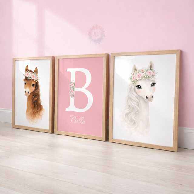 Girls Nursery Horse Print Set - Personalised Pink Prints, Girl Bedroom Wall Art Decor - image 1