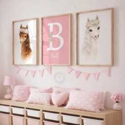Girls Nursery Horse Print Set - Personalised Pink Prints, Girl Bedroom Wall Art Decor - thumbnail 2