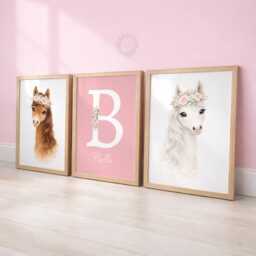 Girls Nursery Horse Print Set - Personalised Pink Prints, Girl Bedroom Wall Art Decor - thumbnail 1