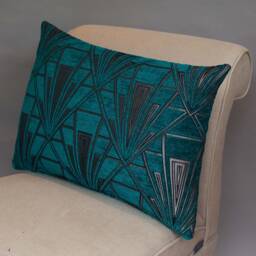 Art Deco Xl Rectangular Cushion. Double Sided Luxury Velvet Chenille. Teal & Silver. 23X15