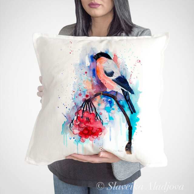 Handmade Bullfinch Bird Watercolor Pillow Case - Elegant Print, Decorative Cushion Cover, Unique Home Deco - image 1