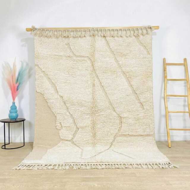 Ivory Grid Moroccan Rug, Textured Neutral Berber Carpet, Handmade Shag Area Large Minimalist Scandi Decor - image 1