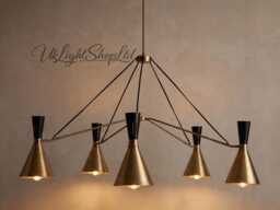 Mid Century Modern Chandelier, Brushed Brass 5-Light Pendant, Cone Shade Ceiling Fixture, Minimalist Black & Dining Room Light
