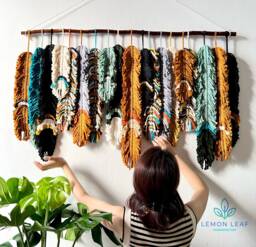 Rustic Macrame Feather Wall Hanging Colorful Boho Home Decor - thumbnail 1