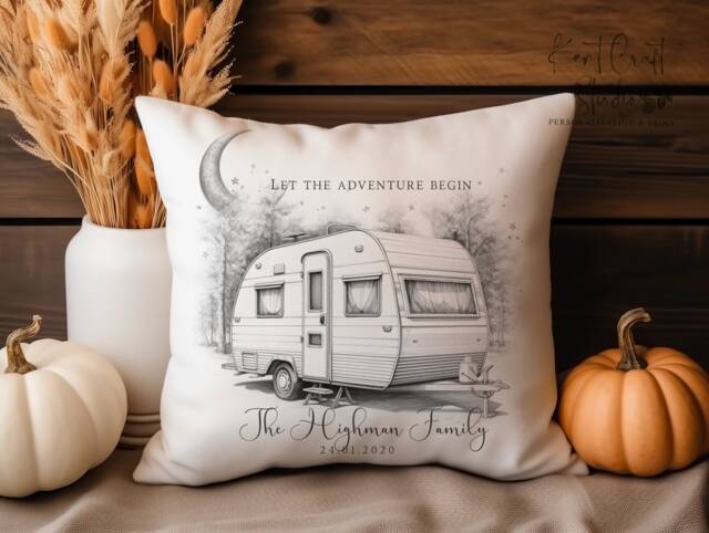Personalised Caravan Cushion, Touring Gift, Traveller Linen Cushion - image 1