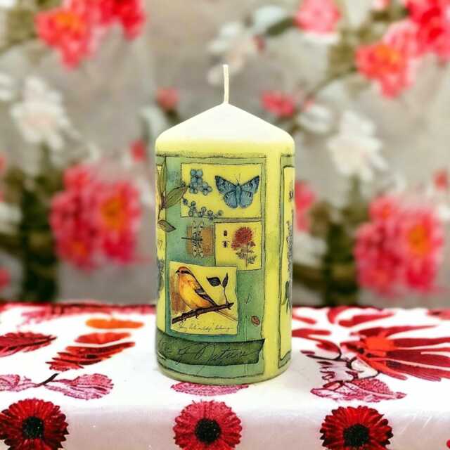 Hand-Decorated Wax Pillar Candle Spring Floral Butterfly Collage - image 1