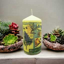 Hand-Decorated Wax Pillar Candle Spring Floral Butterfly Collage - thumbnail 2