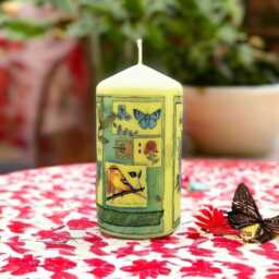 Hand-Decorated Wax Pillar Candle Spring Floral Butterfly Collage - thumbnail 3