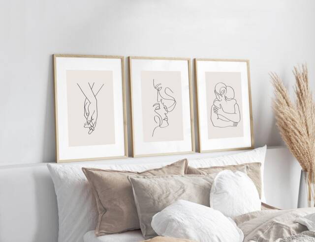 Bedroom Prints, Set Of 3, Couples Line Art Print, Neutral Home Wall Art, Beige Home, Modern Decor, Bed Print - image 1