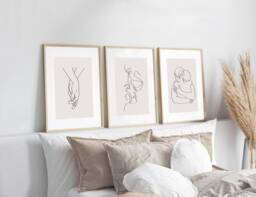 Bedroom Prints, Set Of 3, Couples Line Art Print, Neutral Home Wall Art, Beige Home, Modern Decor, Bed Print - thumbnail 1