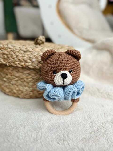 Crochet Rattle, Cute Bear Baby Shower Gift, Christening Toy, Boy, New Mom Teddy - image 1
