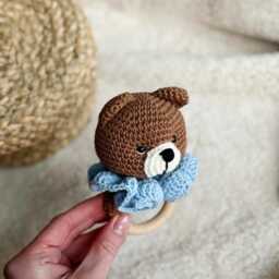 Crochet Rattle, Cute Bear Baby Shower Gift, Christening Toy, Boy, New Mom Teddy - thumbnail 3