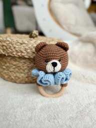 Crochet Rattle, Cute Bear Baby Shower Gift, Christening Toy, Boy, New Mom Teddy