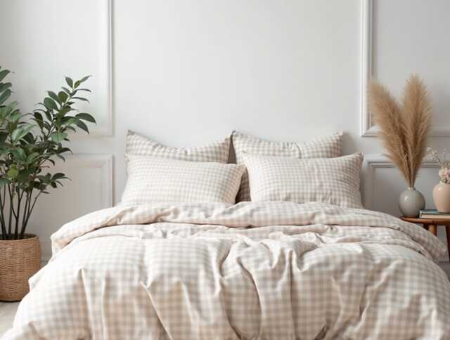 Beige Gingham Cotton Bedding Set 1 Duvet Cover & 2 Pillowcases Soft Checkered Cozy Bedroom Decor - image 1