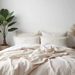 Beige Gingham Cotton Bedding Set 1 Duvet Cover & 2 Pillowcases Soft Checkered Cozy Bedroom Decor - thumbnail 3