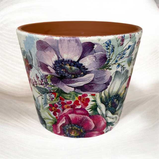 Anemone Flower Plant Pot , Terraotta Hand Decorated With Floral Anenome Design, Colourful Flowerpot - image 1