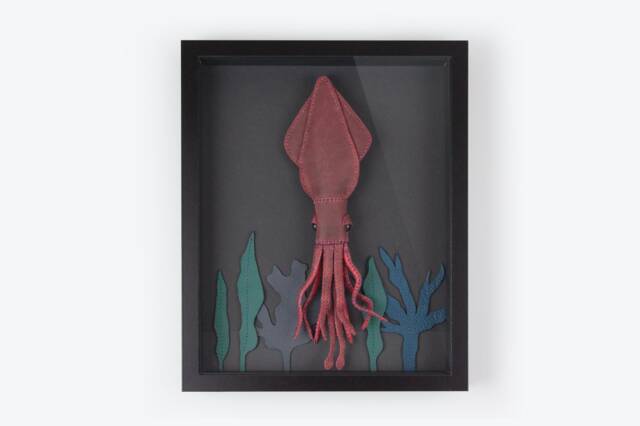 Handmade Leather Red Squid in Shadow Box, Christmas Home Decoration, Playroom Wall Decor, Stuffed Animal - image 1