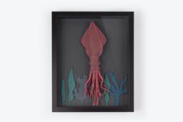 Handmade Leather Red Squid in Shadow Box, Christmas Home Decoration, Playroom Wall Decor, Stuffed Animal