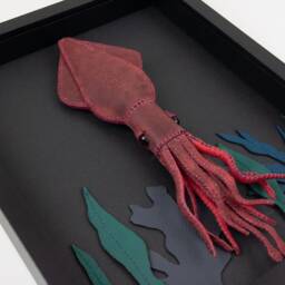 Handmade Leather Red Squid in Shadow Box, Christmas Home Decoration, Playroom Wall Decor, Stuffed Animal - thumbnail 2