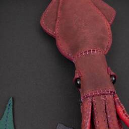 Handmade Leather Red Squid in Shadow Box, Christmas Home Decoration, Playroom Wall Decor, Stuffed Animal - thumbnail 3