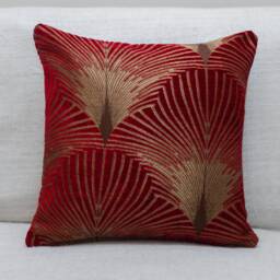 "Art Deco Fan Cushion. Red & Gold. Luxury Velvet Chenille. Double Sided Geometric Feather Style. 17""x17"