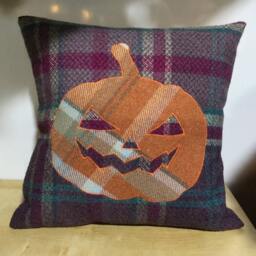 "Halloween Pumpkin Cushion, ""Jack-O-Lantern"", Tartan Decoration, Decor, Gift, Throw Pillow, Scottish Gifts 12" - thumbnail 3