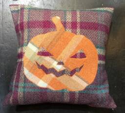 Handmade Wool Tartan Pumpkin Pillow, Halloween Jack-O-Lantern Cushion, Scottish Decor 12