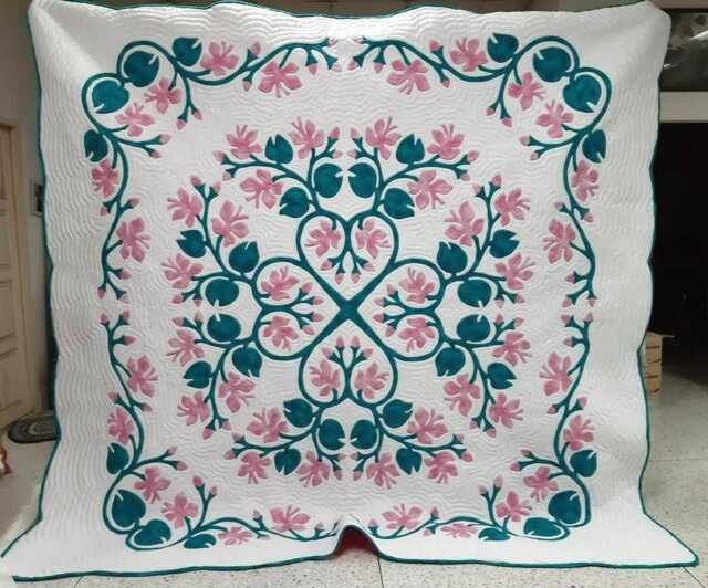 Garden Vine Hawaiian Applique Quilt, Pink Teal Hand Quilted Cotton Bedspread, Custom Queen King Cal Bedding, Cottage Decor - image 1