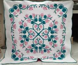 Garden Vine Hawaiian Applique Quilt, Pink Teal Hand Quilted Cotton Bedspread, Custom Queen King Cal Bedding, Cottage Decor - thumbnail 1