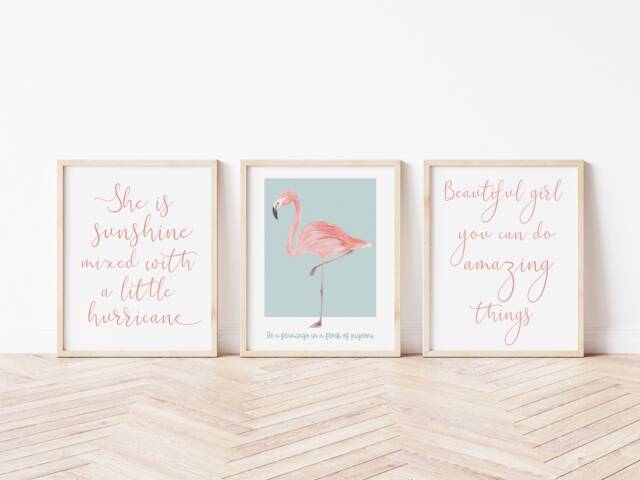 Girls Nursery Print Set - Sunshine, Flamingo, Girl Quotes Wall Art - image 1