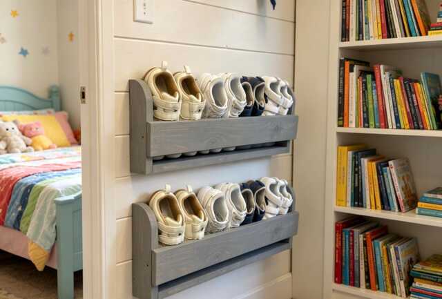 Handmade Rustic Wood Shoe Rack - Floating Farmhouse Hallway Storage - Slate Grey - image 1