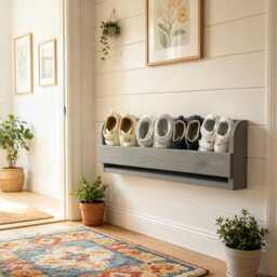 Handmade Rustic Wood Shoe Rack - Floating Farmhouse Hallway Storage - Slate Grey - thumbnail 2
