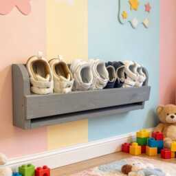 Handmade Rustic Wood Shoe Rack - Floating Farmhouse Hallway Storage - Slate Grey - thumbnail 3