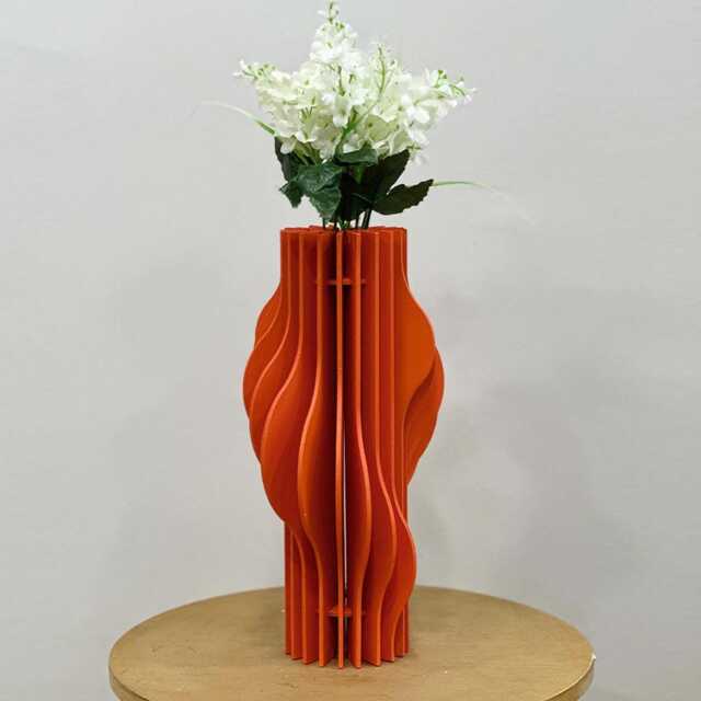 Orange Wood Wave Vase Modern Parametric Sculpture, Dried Flower Centerpiece - image 1