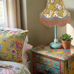 Mustard Floral Lampshade With Antique Gold Fringe Handmade For Ceiling Pendants Shades, Table & Floor Standard Lamp Wall Lights - thumbnail 2
