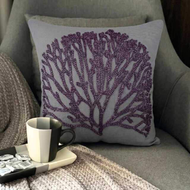 Beaded Nature & Floral Pattern, Gray Cotton Linen, 24x24/26x26 Modern Euro Sham - Faraway Tree - image 1