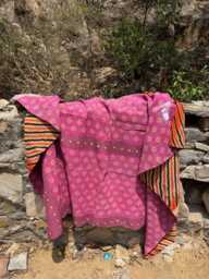 Authentic Vintage Kantha Quilt - Soft Pink Indian Patchwork Throw Sustainable Bedding