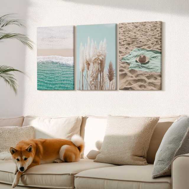 Canvas Set Of 3 Wall Art - Beach Waves Grass Hat Sand Relaxation Nature, Turquoise Canvas, Landscapes Decor - image 1