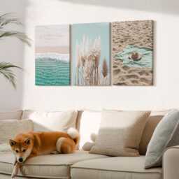 Canvas Set Of 3 Wall Art - Beach Waves Grass Hat Sand Relaxation Nature, Turquoise Canvas, Landscapes Decor